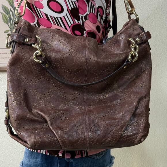 Coach Brown Leather Gold Distressed Hobo Bag Purse McBling Boho Y2k 2000s - Picture 3 of 15